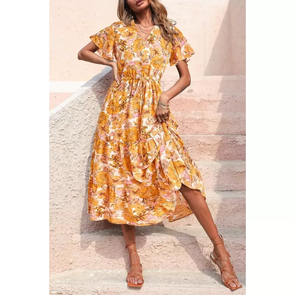 imagePRETTYGARDEN Womens Floral Boho Dress Casual Short Sleeve V Neck Ruffle Tiered 2023 Summer Swing Maxi DressesWhite Yellow Floral