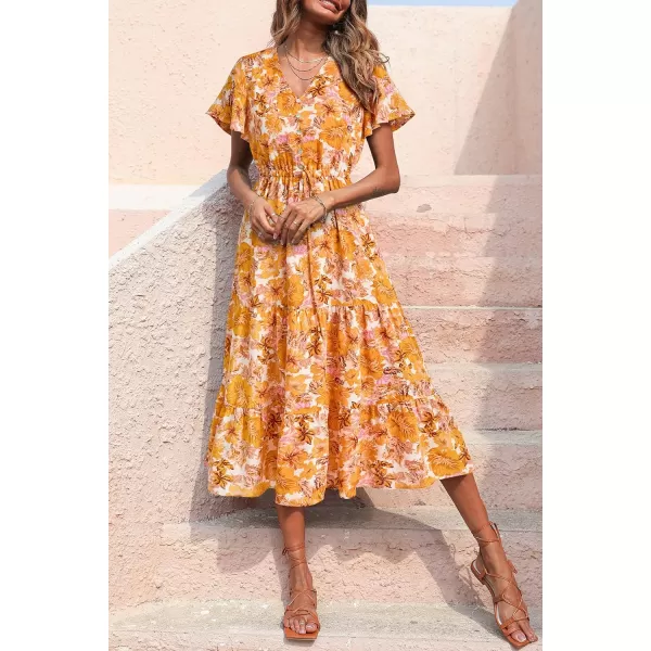 imagePRETTYGARDEN Womens Floral Boho Dress Casual Short Sleeve V Neck Ruffle Tiered 2023 Summer Swing Maxi DressesWhite Yellow Floral