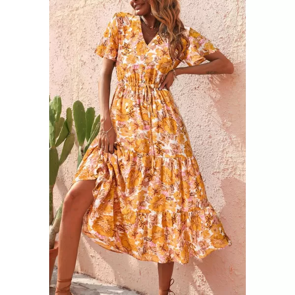 imagePRETTYGARDEN Womens Floral Boho Dress Casual Short Sleeve V Neck Ruffle Tiered 2023 Summer Swing Maxi DressesWhite Yellow Floral