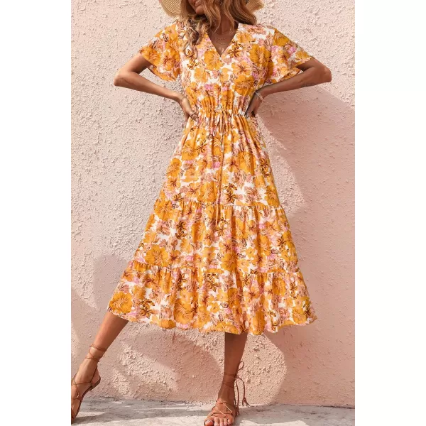 imagePRETTYGARDEN Womens Floral Boho Dress Casual Short Sleeve V Neck Ruffle Tiered 2023 Summer Swing Maxi DressesWhite Yellow Floral