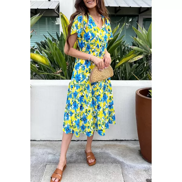 imagePRETTYGARDEN Womens Floral Boho Dress Casual Short Sleeve V Neck Ruffle Tiered 2023 Summer Swing Maxi DressesYellow Blue Floral