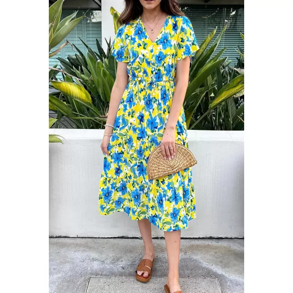 imagePRETTYGARDEN Womens Floral Boho Dress Casual Short Sleeve V Neck Ruffle Tiered 2023 Summer Swing Maxi DressesYellow Blue Floral