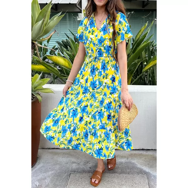 imagePRETTYGARDEN Womens Floral Boho Dress Casual Short Sleeve V Neck Ruffle Tiered 2023 Summer Swing Maxi DressesYellow Blue Floral