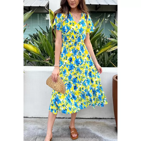 imagePRETTYGARDEN Womens Floral Boho Dress Casual Short Sleeve V Neck Ruffle Tiered 2023 Summer Swing Maxi DressesYellow Blue Floral