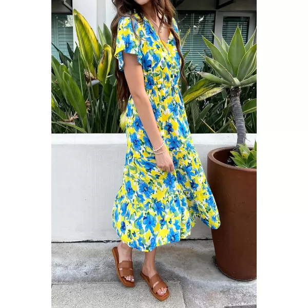 imagePRETTYGARDEN Womens Floral Boho Dress Casual Short Sleeve V Neck Ruffle Tiered 2023 Summer Swing Maxi DressesYellow Blue Floral
