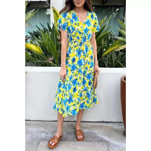 imagePRETTYGARDEN Womens Floral Boho Dress Casual Short Sleeve V Neck Ruffle Tiered 2023 Summer Swing Maxi DressesYellow Blue Floral