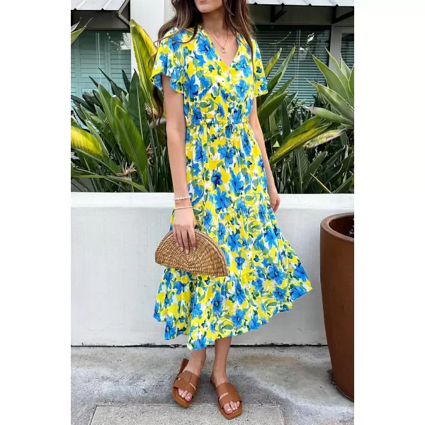 imagePRETTYGARDEN Womens Floral Boho Dress Casual Short Sleeve V Neck Ruffle Tiered 2023 Summer Swing Maxi DressesYellow Blue Floral