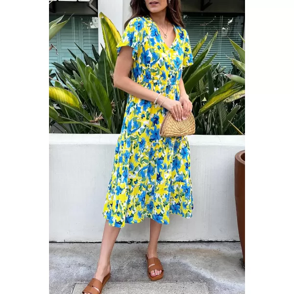 imagePRETTYGARDEN Womens Floral Boho Dress Casual Short Sleeve V Neck Ruffle Tiered 2023 Summer Swing Maxi DressesYellow Blue Floral