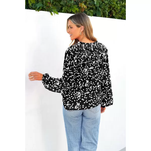 imagePRETTYGARDEN Womens Floral Dressy Tops 2023 Fall Long Sleeve Chiffon Shirts V Neck Boho Blouses Smocked Business TunicBlack