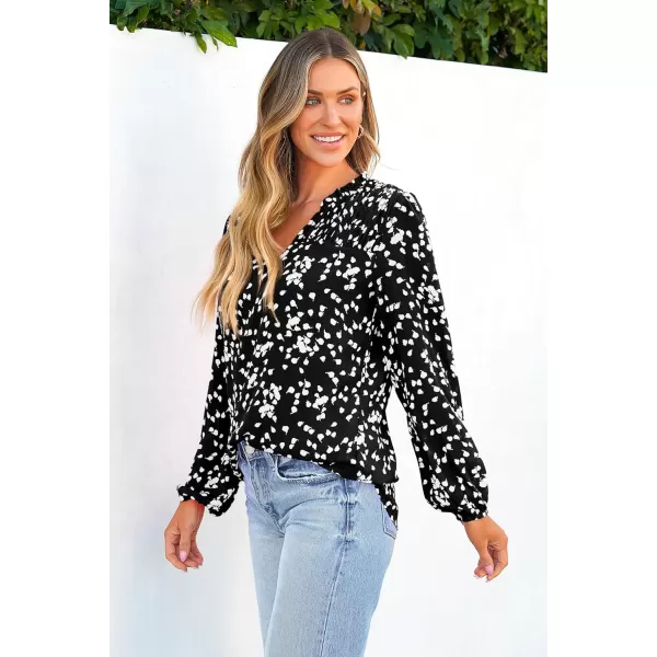 imagePRETTYGARDEN Womens Floral Dressy Tops 2023 Fall Long Sleeve Chiffon Shirts V Neck Boho Blouses Smocked Business TunicBlack