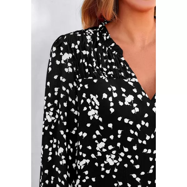 imagePRETTYGARDEN Womens Floral Dressy Tops 2023 Fall Long Sleeve Chiffon Shirts V Neck Boho Blouses Smocked Business TunicBlack