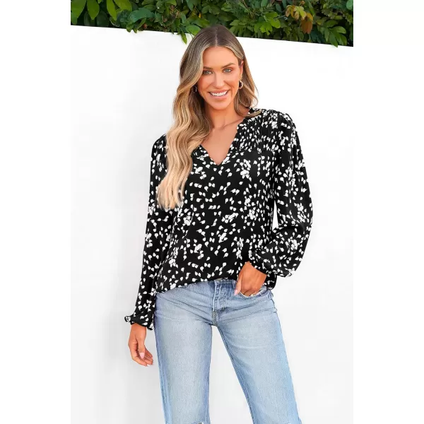 imagePRETTYGARDEN Womens Floral Dressy Tops 2023 Fall Long Sleeve Chiffon Shirts V Neck Boho Blouses Smocked Business TunicBlack