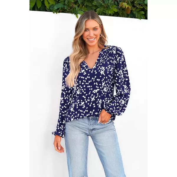 imagePRETTYGARDEN Womens Floral Dressy Tops 2023 Fall Long Sleeve Chiffon Shirts V Neck Boho Blouses Smocked Business TunicDark Blue