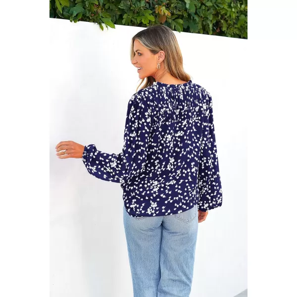 imagePRETTYGARDEN Womens Floral Dressy Tops 2023 Fall Long Sleeve Chiffon Shirts V Neck Boho Blouses Smocked Business TunicDark Blue