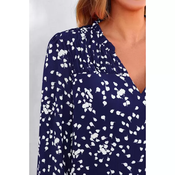 imagePRETTYGARDEN Womens Floral Dressy Tops 2023 Fall Long Sleeve Chiffon Shirts V Neck Boho Blouses Smocked Business TunicDark Blue
