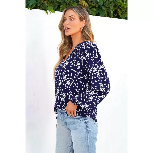 imagePRETTYGARDEN Womens Floral Dressy Tops 2023 Fall Long Sleeve Chiffon Shirts V Neck Boho Blouses Smocked Business TunicDark Blue