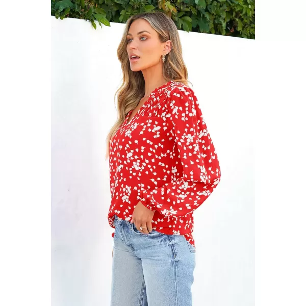 imagePRETTYGARDEN Womens Floral Dressy Tops 2023 Fall Long Sleeve Chiffon Shirts V Neck Boho Blouses Smocked Business TunicRed