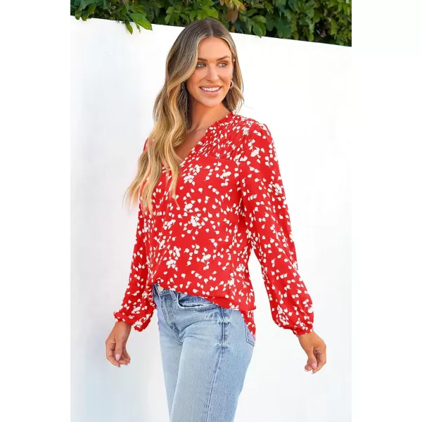 imagePRETTYGARDEN Womens Floral Dressy Tops 2023 Fall Long Sleeve Chiffon Shirts V Neck Boho Blouses Smocked Business TunicRed
