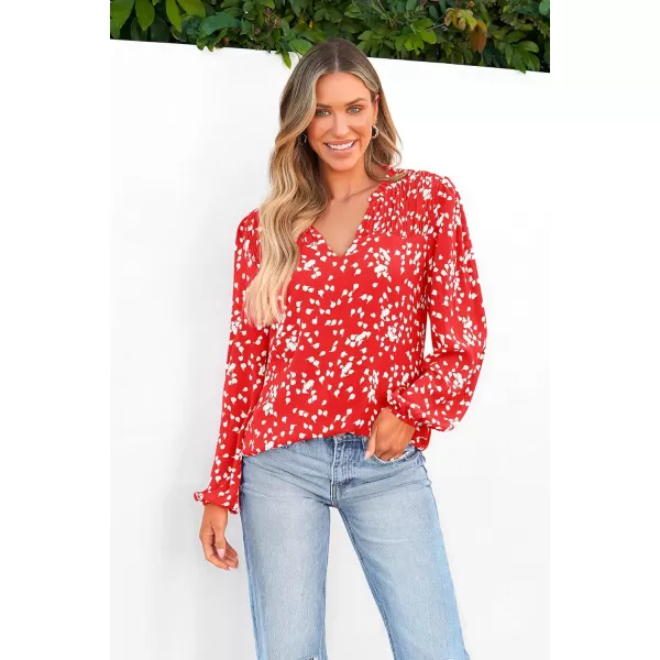 imagePRETTYGARDEN Womens Floral Dressy Tops 2023 Fall Long Sleeve Chiffon Shirts V Neck Boho Blouses Smocked Business TunicRed