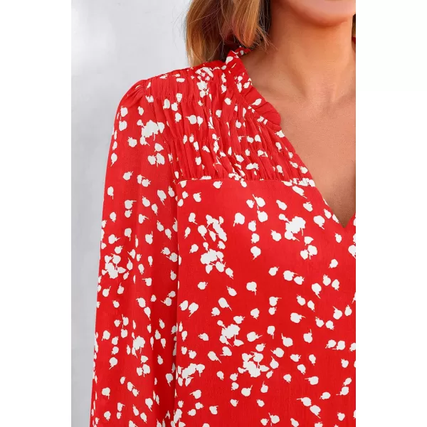 imagePRETTYGARDEN Womens Floral Dressy Tops 2023 Fall Long Sleeve Chiffon Shirts V Neck Boho Blouses Smocked Business TunicRed