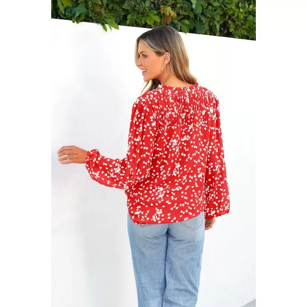imagePRETTYGARDEN Womens Floral Dressy Tops 2023 Fall Long Sleeve Chiffon Shirts V Neck Boho Blouses Smocked Business TunicRed