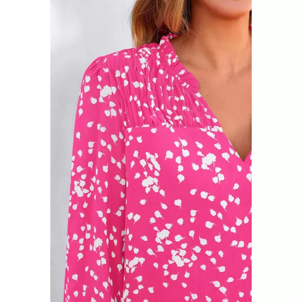 imagePRETTYGARDEN Womens Floral Dressy Tops 2023 Fall Long Sleeve Chiffon Shirts V Neck Boho Blouses Smocked Business TunicRose Red