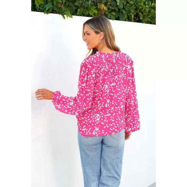 imagePRETTYGARDEN Womens Floral Dressy Tops 2023 Fall Long Sleeve Chiffon Shirts V Neck Boho Blouses Smocked Business TunicRose Red