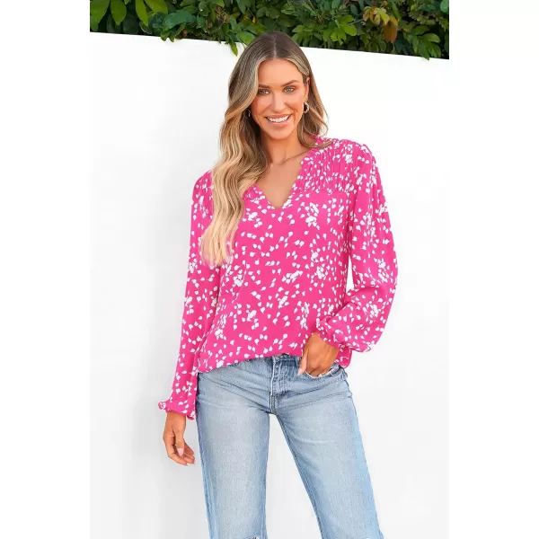imagePRETTYGARDEN Womens Floral Dressy Tops 2023 Fall Long Sleeve Chiffon Shirts V Neck Boho Blouses Smocked Business TunicRose Red