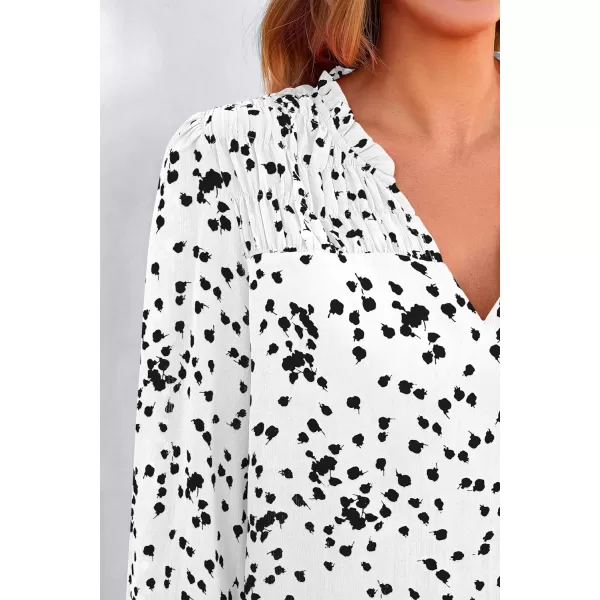 imagePRETTYGARDEN Womens Floral Dressy Tops 2023 Fall Long Sleeve Chiffon Shirts V Neck Boho Blouses Smocked Business TunicWhite