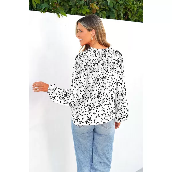 imagePRETTYGARDEN Womens Floral Dressy Tops 2023 Fall Long Sleeve Chiffon Shirts V Neck Boho Blouses Smocked Business TunicWhite