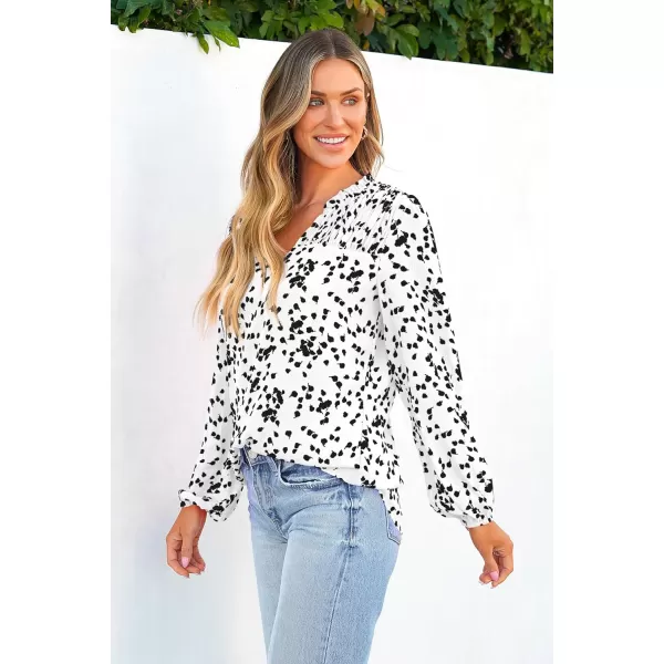 imagePRETTYGARDEN Womens Floral Dressy Tops 2023 Fall Long Sleeve Chiffon Shirts V Neck Boho Blouses Smocked Business TunicWhite