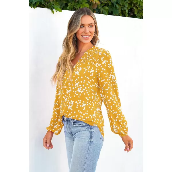 imagePRETTYGARDEN Womens Floral Dressy Tops 2023 Fall Long Sleeve Chiffon Shirts V Neck Boho Blouses Smocked Business TunicYellow