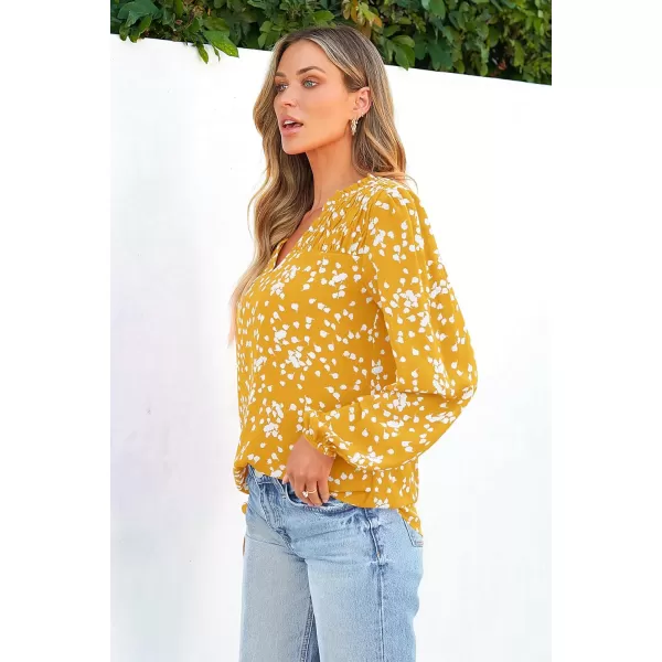 imagePRETTYGARDEN Womens Floral Dressy Tops 2023 Fall Long Sleeve Chiffon Shirts V Neck Boho Blouses Smocked Business TunicYellow