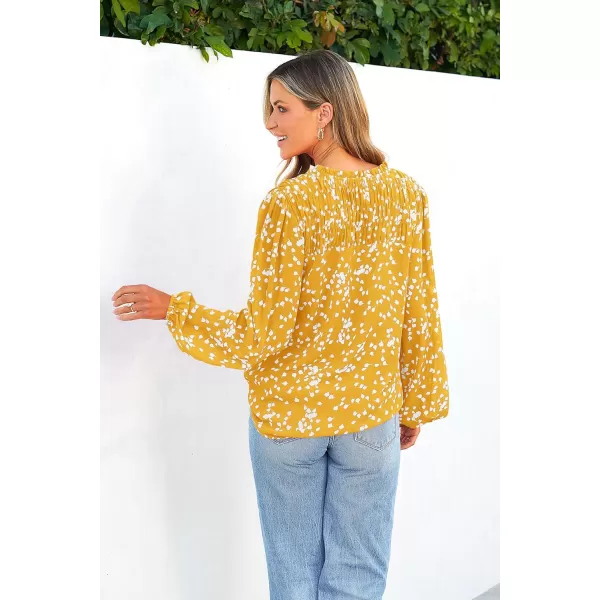 imagePRETTYGARDEN Womens Floral Dressy Tops 2023 Fall Long Sleeve Chiffon Shirts V Neck Boho Blouses Smocked Business TunicYellow