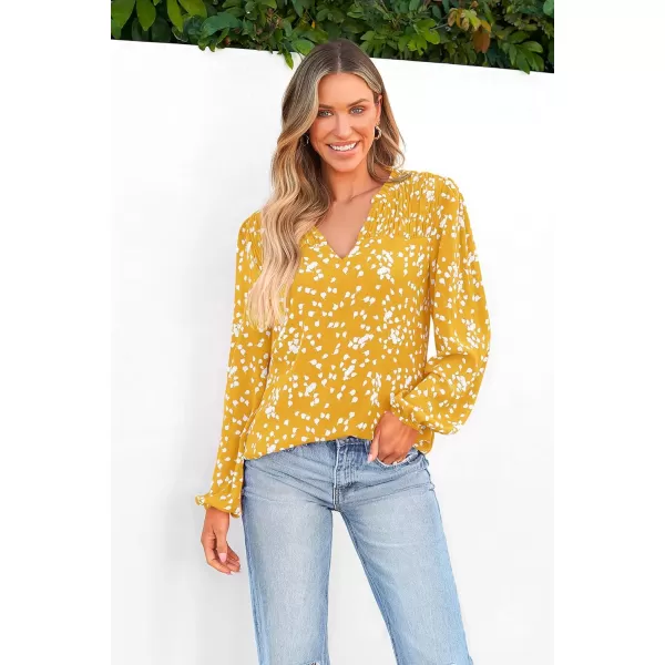 imagePRETTYGARDEN Womens Floral Dressy Tops 2023 Fall Long Sleeve Chiffon Shirts V Neck Boho Blouses Smocked Business TunicYellow