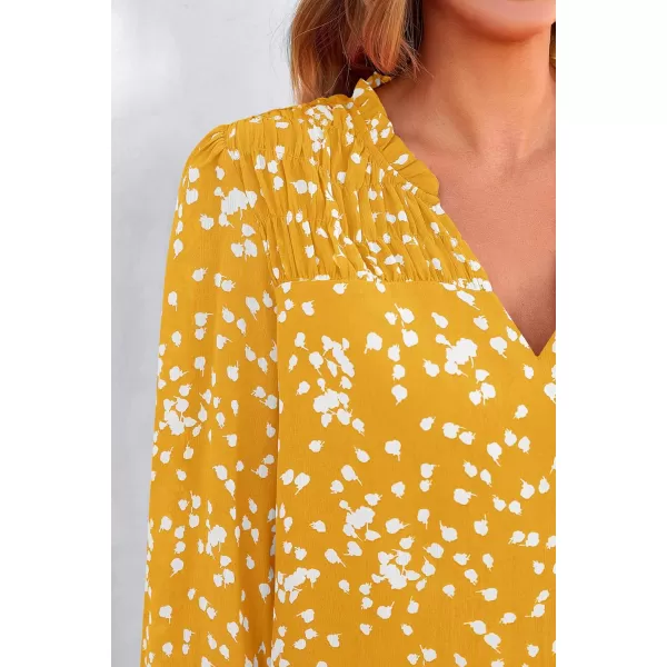 imagePRETTYGARDEN Womens Floral Dressy Tops 2023 Fall Long Sleeve Chiffon Shirts V Neck Boho Blouses Smocked Business TunicYellow