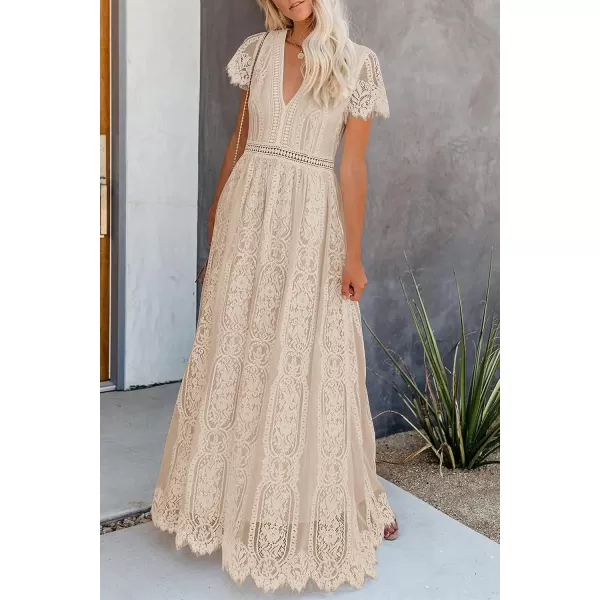 imagePRETTYGARDEN Womens Floral Lace Maxi Dress 2023 Short Sleeve V Neck Bridesmaid Wedding Evening Party DressesApricot