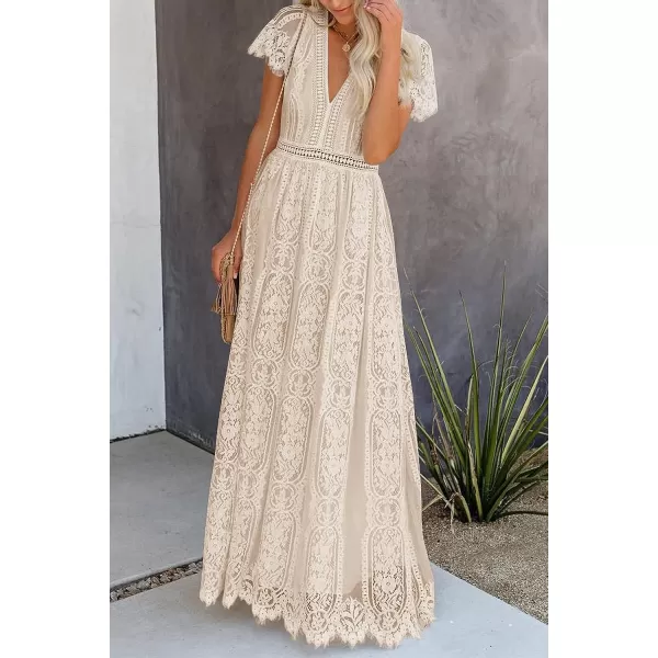 imagePRETTYGARDEN Womens Floral Lace Maxi Dress 2023 Short Sleeve V Neck Bridesmaid Wedding Evening Party DressesApricot