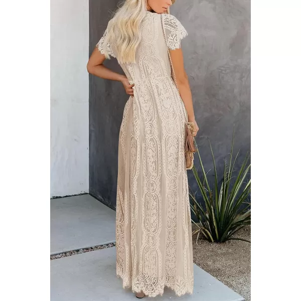 imagePRETTYGARDEN Womens Floral Lace Maxi Dress 2023 Short Sleeve V Neck Bridesmaid Wedding Evening Party DressesApricot