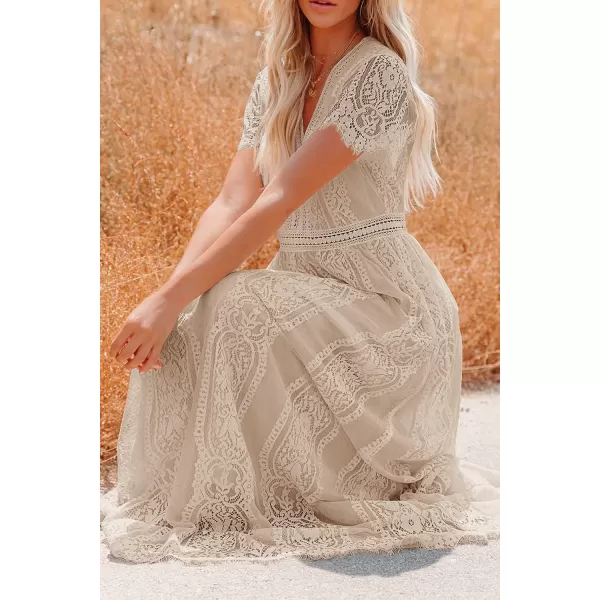 imagePRETTYGARDEN Womens Floral Lace Maxi Dress 2023 Short Sleeve V Neck Bridesmaid Wedding Evening Party DressesApricot