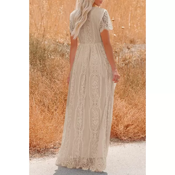 imagePRETTYGARDEN Womens Floral Lace Maxi Dress 2023 Short Sleeve V Neck Bridesmaid Wedding Evening Party DressesApricot