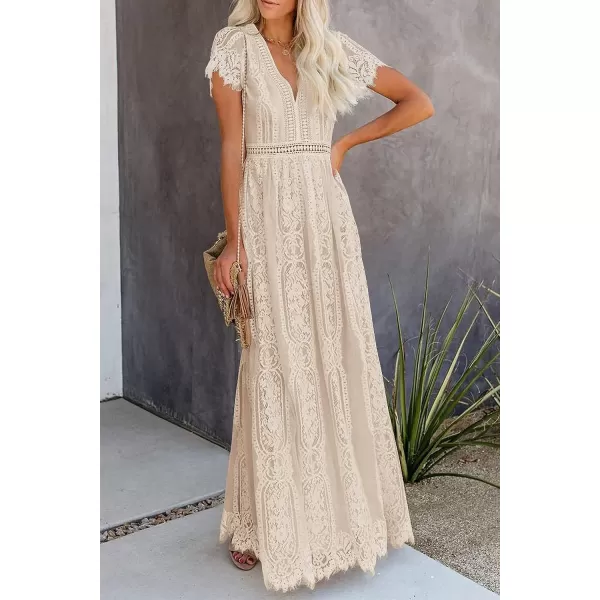 imagePRETTYGARDEN Womens Floral Lace Maxi Dress 2023 Short Sleeve V Neck Bridesmaid Wedding Evening Party DressesApricot