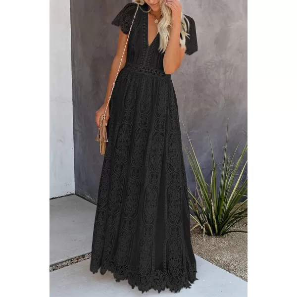 imagePRETTYGARDEN Womens Floral Lace Maxi Dress 2023 Short Sleeve V Neck Bridesmaid Wedding Evening Party DressesBlack