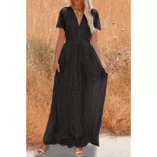 imagePRETTYGARDEN Womens Floral Lace Maxi Dress 2023 Short Sleeve V Neck Bridesmaid Wedding Evening Party DressesBlack