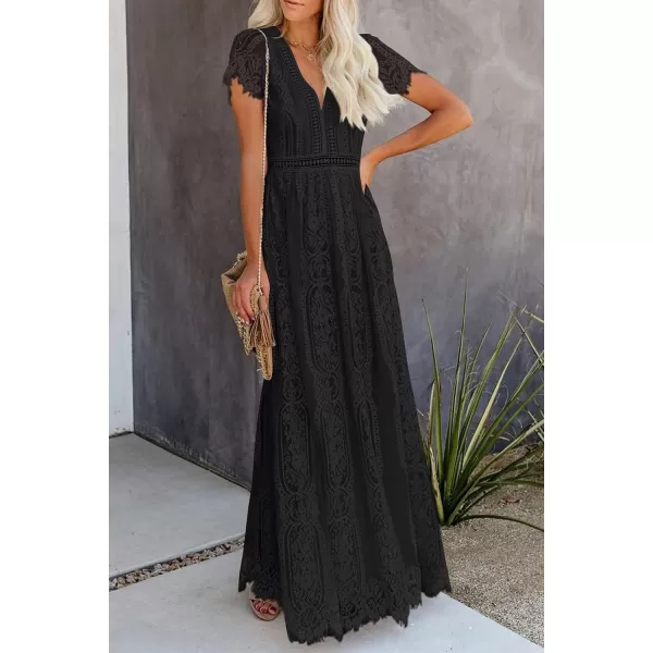 imagePRETTYGARDEN Womens Floral Lace Maxi Dress 2023 Short Sleeve V Neck Bridesmaid Wedding Evening Party DressesBlack