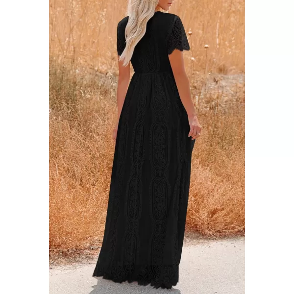 imagePRETTYGARDEN Womens Floral Lace Maxi Dress 2023 Short Sleeve V Neck Bridesmaid Wedding Evening Party DressesBlack