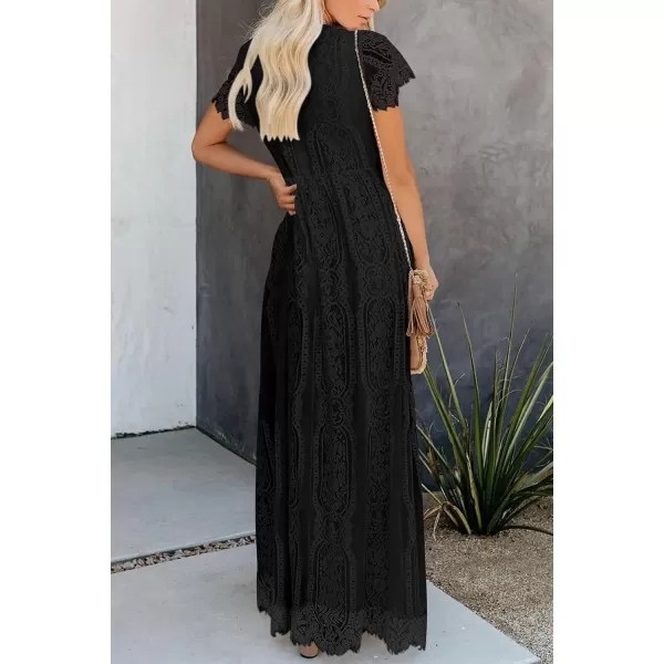imagePRETTYGARDEN Womens Floral Lace Maxi Dress 2023 Short Sleeve V Neck Bridesmaid Wedding Evening Party DressesBlack
