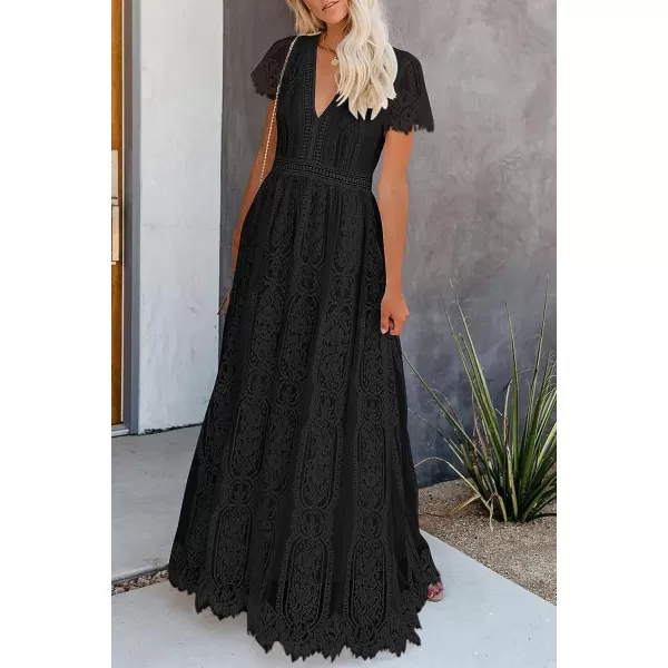 imagePRETTYGARDEN Womens Floral Lace Maxi Dress 2023 Short Sleeve V Neck Bridesmaid Wedding Evening Party DressesBlack