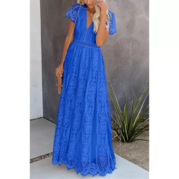 imagePRETTYGARDEN Womens Floral Lace Maxi Dress 2023 Short Sleeve V Neck Bridesmaid Wedding Evening Party DressesBrilliant Blue