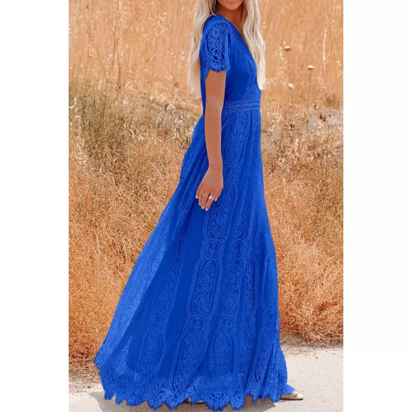imagePRETTYGARDEN Womens Floral Lace Maxi Dress 2023 Short Sleeve V Neck Bridesmaid Wedding Evening Party DressesBrilliant Blue